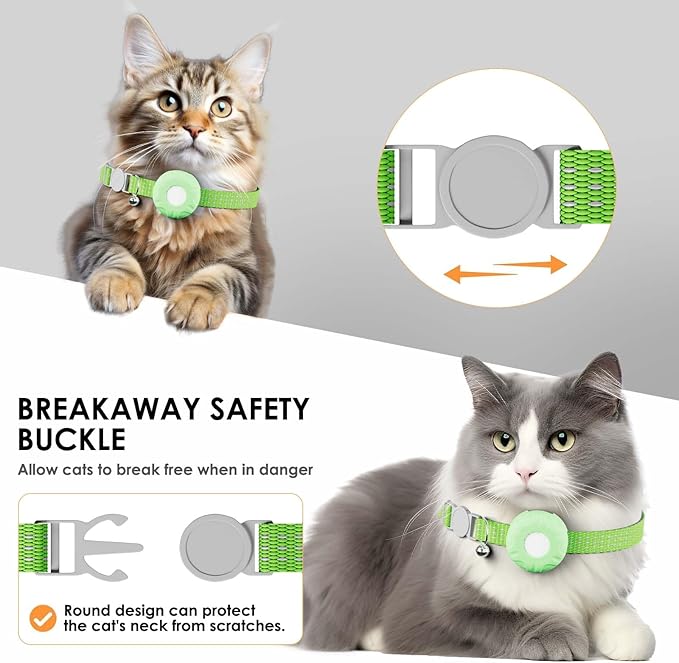 GPS Tracker for Cats, Cat Tracker Collar with Safety Elastic Buckle, Compatible with Apple Find My App (Only iOS), No Monthly Fee, Waterproof (White Tracker, Green Cat Collar)