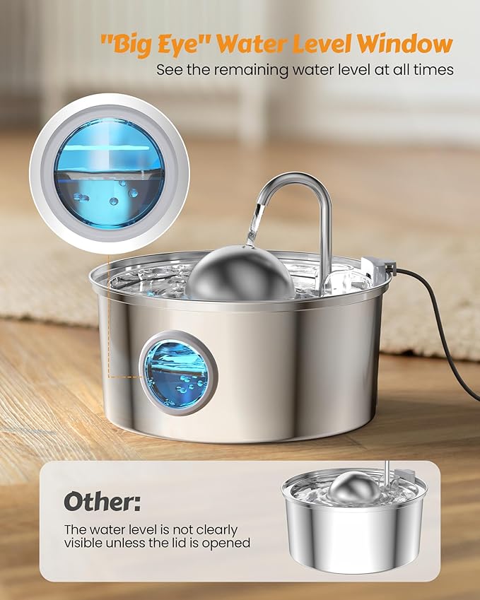 AONBOY Cat Water Fountain Stainless Steel, 108oz/3.2L Cat Fountain, Pet Water Fountain with Water Level Window, Hemispherical Shape, Multi-Filter, Silent Pump, Water Tap, Provides Flowing Water