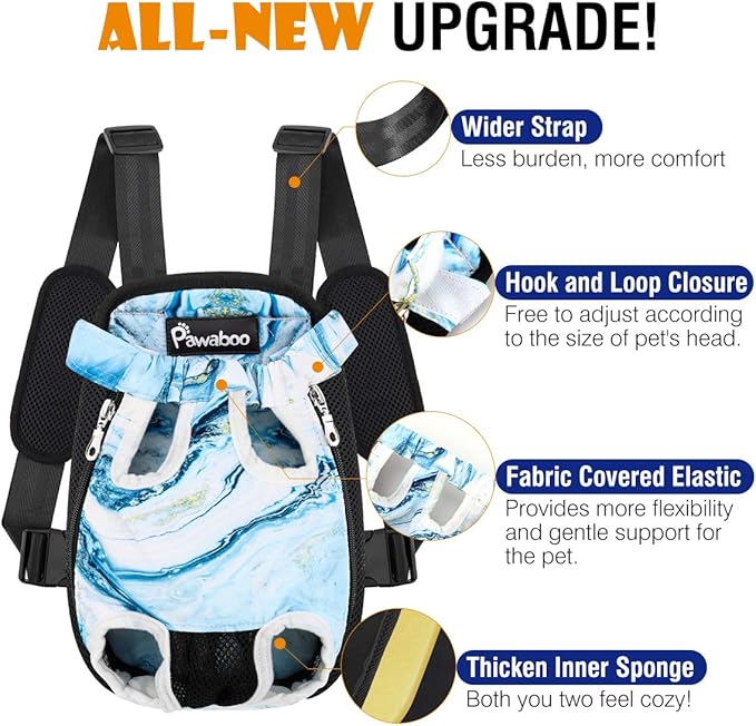 Pawaboo Adjustable Carrier Backpack for Dog Cat, Pet Front Dog Carrier Purses Cat Travel Bag, Legs Out, Easy-Fit for Traveling Hiking for Small Dogs Cats Puppies, M, Blue Marble