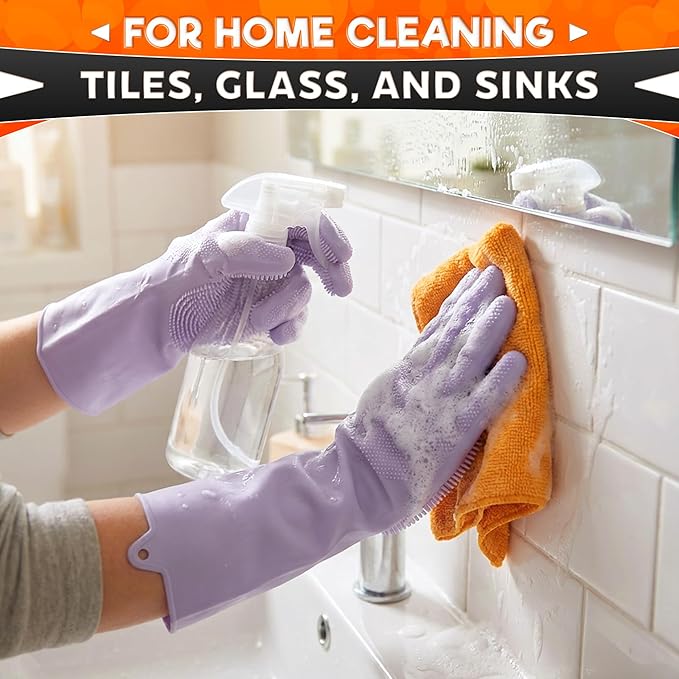 ALPENKOK Silicone Dish Gloves with Scrubbers – Thick Tear-Resistant Dishwashing Gloves – Long-Lasting | Household Use