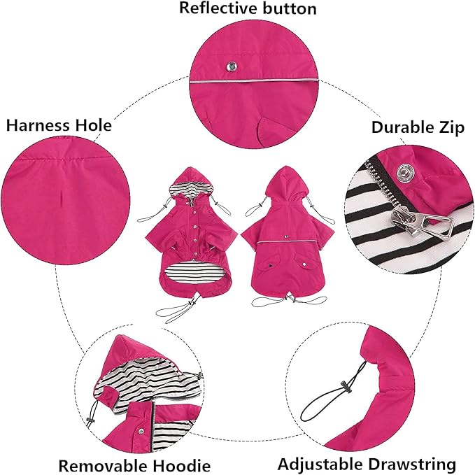 Morezi Dog Zip Up Raincoat with Reflective Buttons, Rain/Water Resistant, Adjustable Drawstring, Removable Hood, Raincoats with Legs 8lbs to 80lbs Available - Pink - L