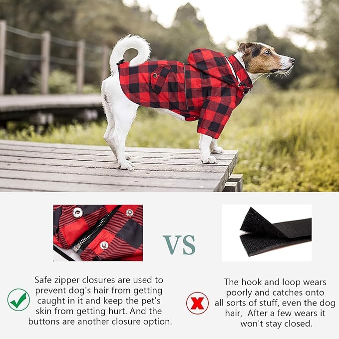 Dog rain Coat Waterproof Raincoat Puppy Jacket with Legs Buttons Zipper Hood Drawstring Fit for Yorkie Terrier Schnauzer Poodle Border Collie Labrador Golden Retriever 8lbs to 80lbs Red XS