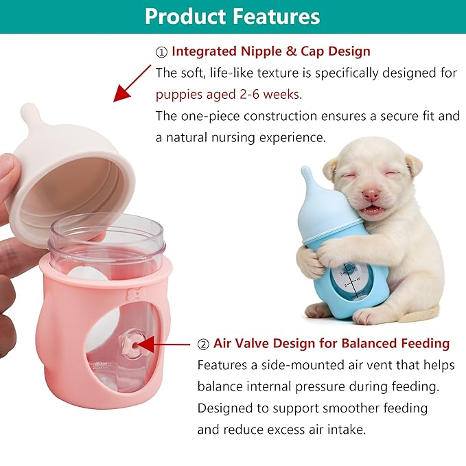 Puppy Nursing Bottle Medium/Large 80ml, Silicone Nipple Feeding Bottle for Newborn Puppies (2–6 Weeks), Yellow