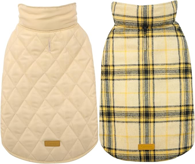 Kuoser Warm Dog Coat, Waterproof Dog Jacket for Extra Large Dogs, Adjustable Durable XXL Doggie Winter Coat Reversible Puppy Cold Weather Apparel from Small to Large Breed, Yellow XXL