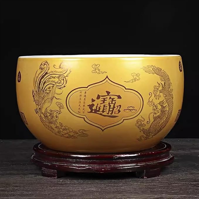 Fish Tank Treasure Bowl Ceramic Fortune Fish Tank Desktop Ceramic Small Treasure Bowl Turtle Feeding Bowl Aquarium(Gold,29x18cm)