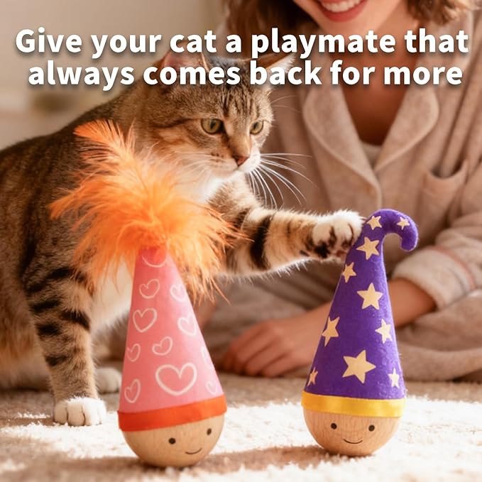Lulu's world Cat Feather Toy, Catnip-Free Wooden Tumbler for Kittens & Indoor Cats, Interactive Wobble Starter Toy (Niuniu)