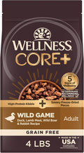 Wellness CORE+ Adult Dry Dog Food with Freeze Dried Pieces, Grain Free Kibble+, Natural, High Protein, Wild Game Duck, Lamb, Boar, and Rabbit Recipe, 4 lb Bag