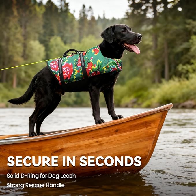 VIVAGLORY Rip Stop Dog Life Vest, Swimming Vest with Handle, Buoyancy for Doggy Puppy, Dog Life Jacket for Swimming & Boating, M, Northeast Florals-Green