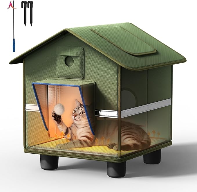 Heated Outdoor Cat House for Outside with Cat Toys and Roof Window Feral Stray Shelter Weatherproof in Garage Yard Porch (with Dual Camera Ports)