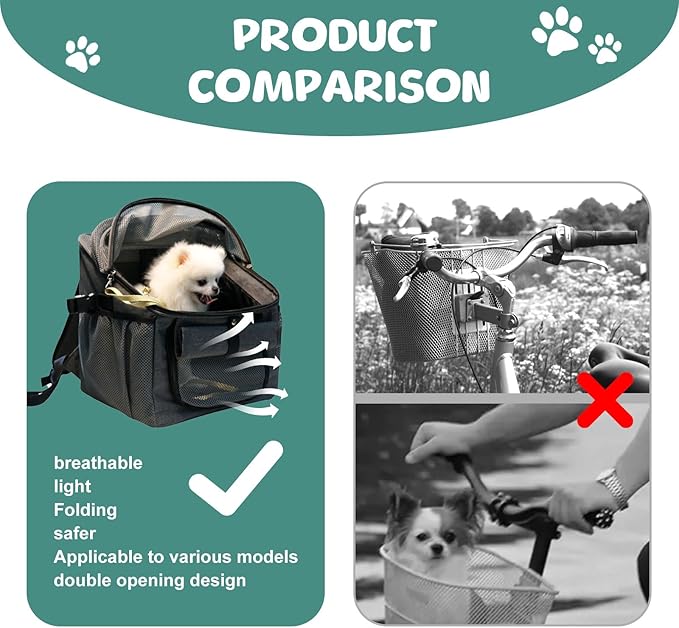 Dog Bike Basket, 12.5 x 11.4 x 15.3 Inches Bike Basket Front Dog Carrier, Expandable Foldable Soft-Sided Dogs Carrier, Universal Fit Cat Dogs Pet Bikes Baskets for Travelling, Camping, Walking (Gray)