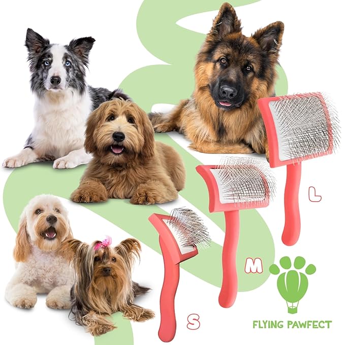 Pet Slicker Brush With Soft Massage Grooming Stainless Steel Pins - For Dematting, Shedding Fur, and Undercoat - Ideal Gift for Professional Pet Groomers - Long Slicker Brush (Coral, Curved Large)
