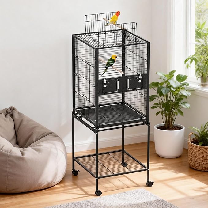 63 Inch Bird Flight Cage, Standing Wrought Iron Bird Cage with Rolling Stand, Wheels, Perches and Bird Feeder, Large Parrot Cage for Cockatiels, African Grey, Parakeets, Conures, Budgies, Lovebirds