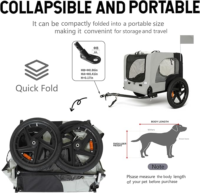 Collapsible Pet Bike Trailer, Portable Dog Bicycle Trailer with Enhanced Safety Design, Weatherproof & Ventilated Pet Carrier for Small to Medium Pets Up to 66 lbs (Grey)