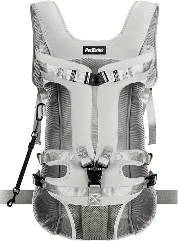PetBonus Pet Front Dog Carrier Backpacks, Adjustable Pet Backpack, Legs Out Easy-fit Puppy Chest Carrier for Medium Small Dogs, Hands Free for Hiking, Cycling (Grey, XL)