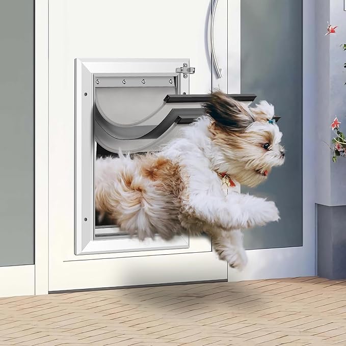 [Petoasis] 3-Flaps Heavy-Duty Dog Door, Rust Proof Aluminum Alloy Frame, Extreme Weather Dog Door Can Block Wind, Snow, and Rainwater Intrusion (Silvery White, Meduim for Door)