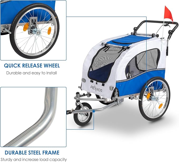 PEXMOR 2-in-1 Dog Bike Trailer & Stroller, Universal Hitch, Pet Cart Bike Wagon Cargo Carrier with Shock Absorber & Universal Wheel