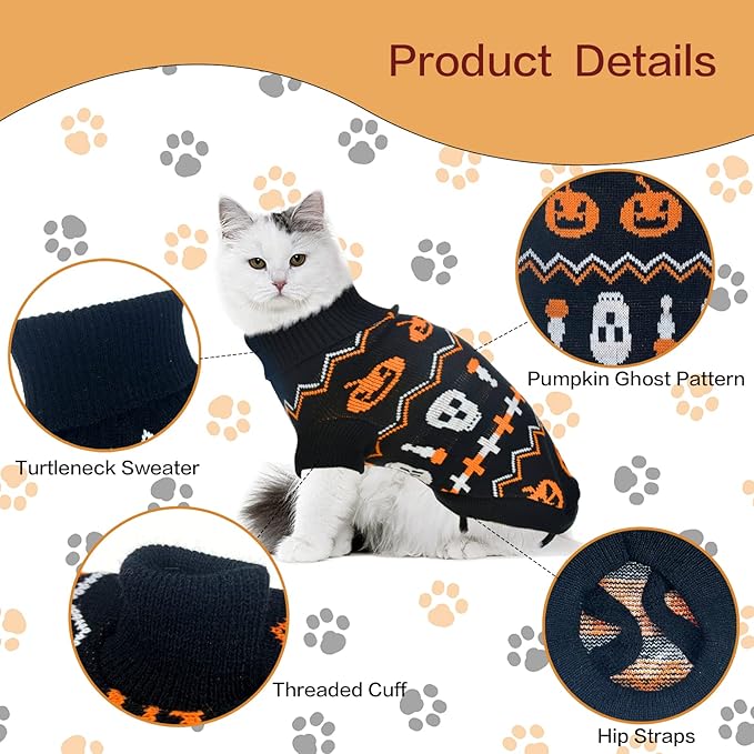 Vehomy 2Pcs Pet Halloween Sweaters Dog Halloween Pumpkin Sweater Kitten Cat Holiday Theme Turtleneck Knitwear Shirt with Pumpkin Skull Patterns Dog Puppy Halloween Costume Clothes for Small Dogs S
