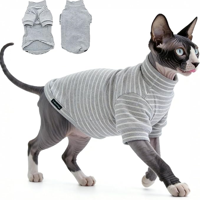 Fleece Sphynx Cat Clothes Soft Hairless Cat Clothes Pullover Cat Sweater for Chihuahua All Season Light and Warm Kitten Cloth for Cats Only Puppy Clothes Small Dog Sweater (Gray Striped, Small)