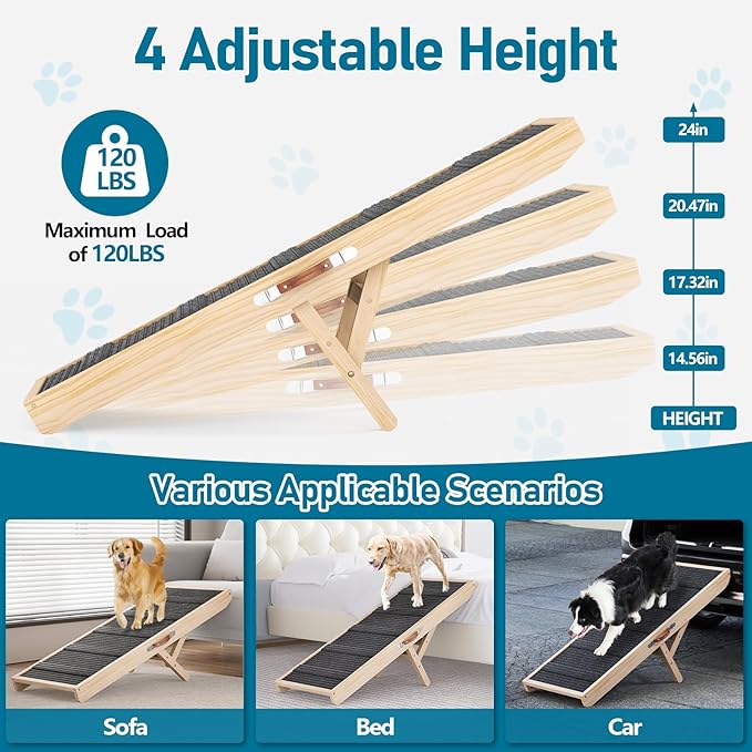 Tresbro Dog Ramp for Bed, 4 Level Adjustable 14.56'' to 24'' Dog Ramps with Anti-Slip Carpet & Carrying Handle, Portable Dog Ramp Supports up to 120LBS for Small Medium Large Dogs to Get on Bed, Couch
