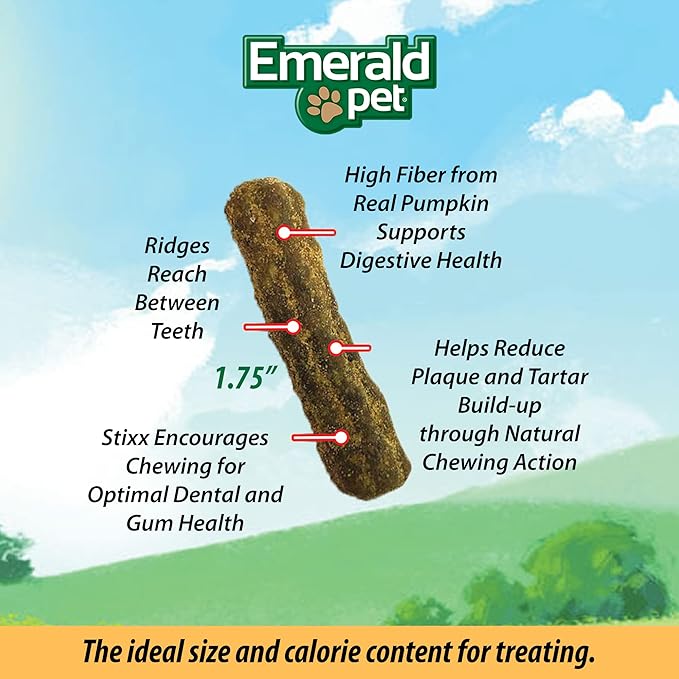 Emerald Pet Feline Dental Stixx — Tasty and Crunchy Cat Sticks with Pumpkin for Digestive Health — Natural Grain Free Treats for Clean Cat Teeth and Fresh Breath — Catnip, 3.6 oz