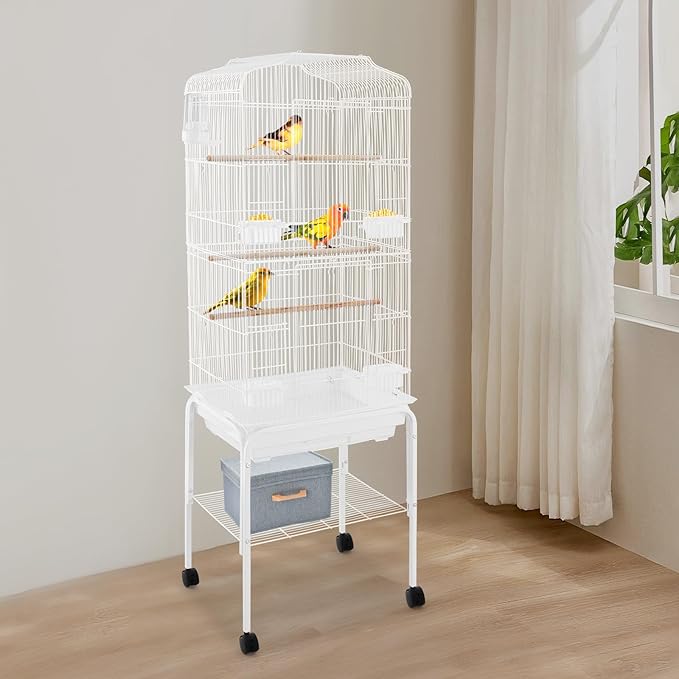 Large Bird Cage with Wheels, Budgie Cage with Bottom Storage Shelf, 54in Tall Bird Cages for Parakeets, Parrot, Cockatiel, Pull-Out Tray&Mesh Bottom (White)