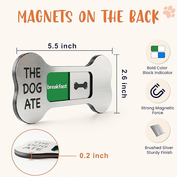 Dog Feeding Reminder Supplies with Magnet, Bone-Shaped Design Brushed Silver, Acrylic Pet Nursing Schedule for Breakfast & Dinner, Feed Slider with Bone Pattern, 2 Stickers 5.5 x 2.6inch