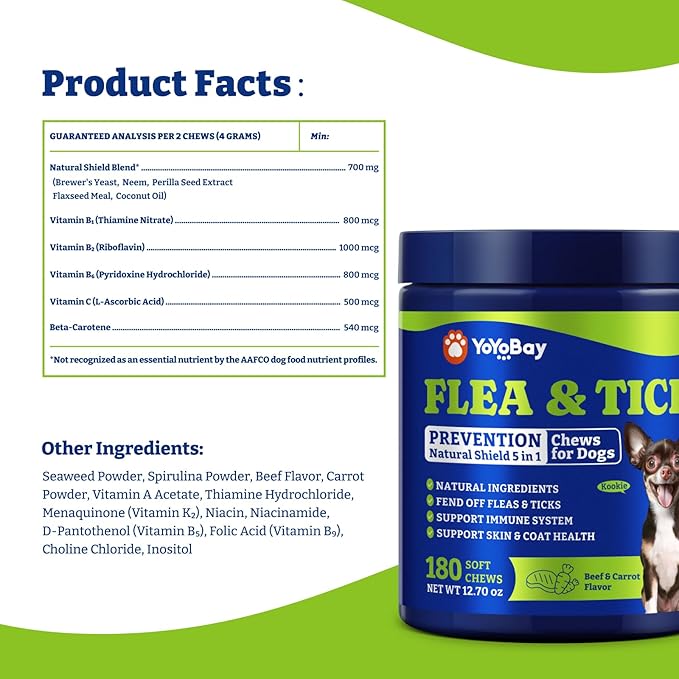 Flea & Tick Prevention for Dogs Chewables, Natural Dog Flea and Tick Control Treatment, Oral Flea Pills, Dogs Supplement, Natural Shield 5-in-1 Protection, Beef & Carrot Flavor, 180 Soft Chews