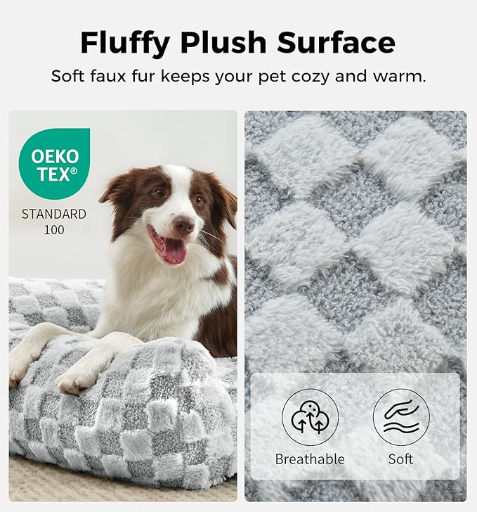 Made4Pets Cat Beds for Indoor Cats, Cat Couch Bed, Soft Faux Fur Checkered Pet Sofa, Calming Fluffy Kitten Sofa with Supportive Foam, Removable Washable Cover with Non-Slip Base, Grey, Small