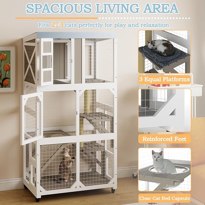 64" Large Wooden Catio Outdoor Cat Enclosure, Window Cat House with Wheels & 3 Platforms, Kitty Cage with Weatherproof Roof for Multiple Cats (Gray)