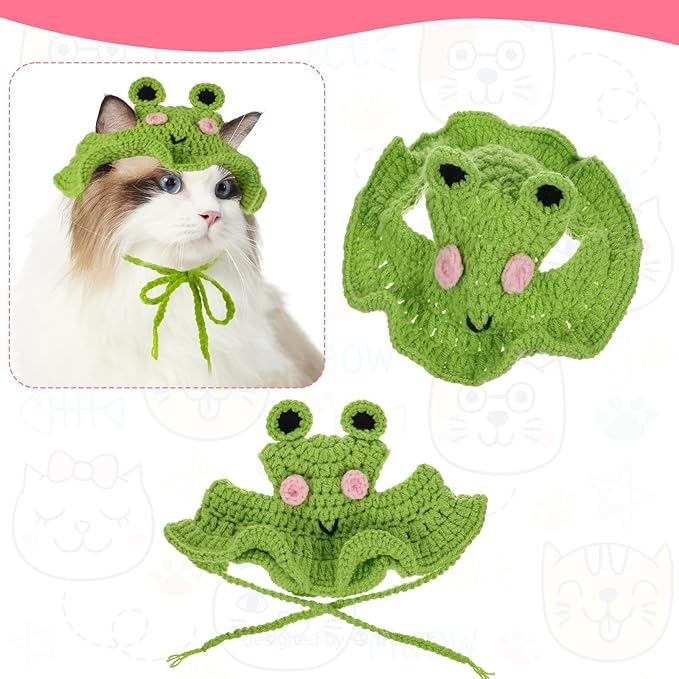 Frog Cat Hat, Cotton & Soft Cute Knitted Hats for Cats Frog Crochet Cat Hats for Cats Only Cute Puppy Hat for Small Pets on Christmas Birthday Party Halloween (Green, S)