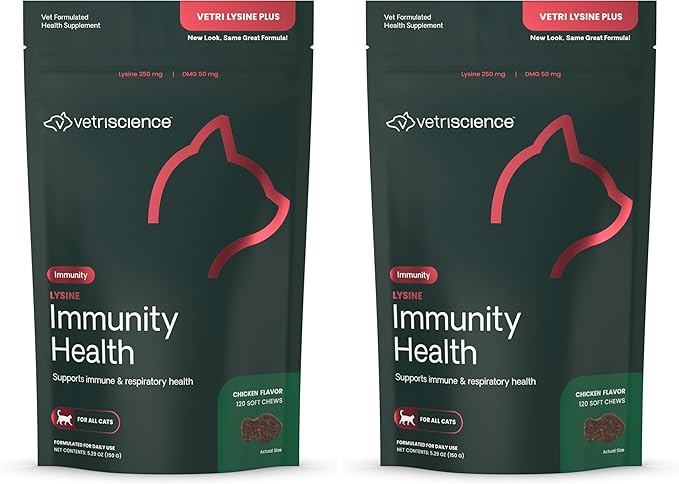 VetriScience Lysine Immunity Health Chews, 250 mg Lysine Plus Immune Supplement for Cats and Kittens with Allergies, Sneezing, Runny Nose and Watery Eyes, Chicken, 120 Count (Pack of 2)