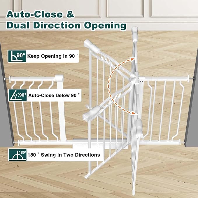 Fairy Baby 71.7"-81.1" Extra Wide Baby Gate with Door, Long Dog Gate for The House Doorway Stairs, Pressure Mounted Safety Gate for Child Kid, Auto Close Metal Pet Barrier with Arch Design, White