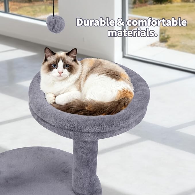 24" Scratching Post, Interactive Cat Scratcher, with Perch & Plush Toy, Sturdy Weighted Base, Grey