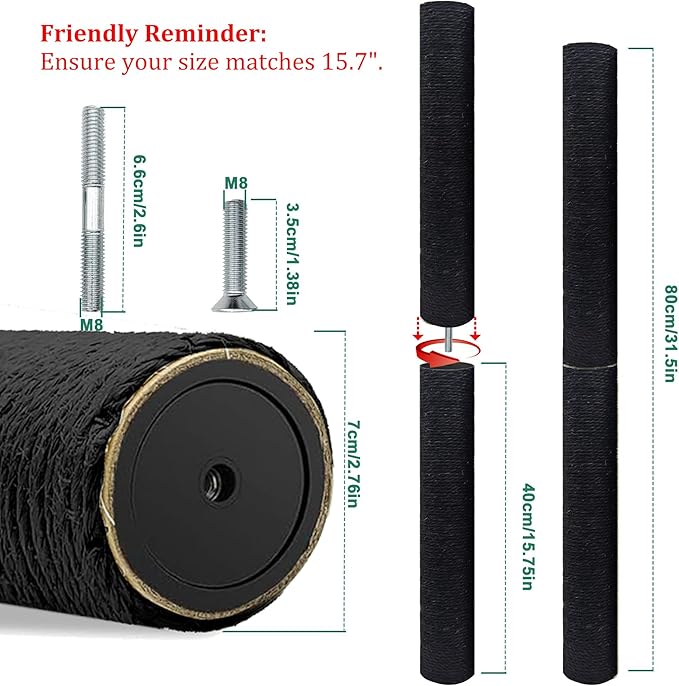 Gothic & Goth Cat Tree Tower Replacement Post - Black, 2 Pack, 15.7in Scratching Post Pole with M8 Screws, Natural Sisal for Cat Tree Repair & Rebuild