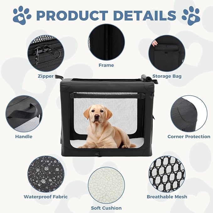 DUMOS Dog Crate 36 Inch Travel Cat Pet Carrier for Medium Large Dog, Portable Foldable Soft Pet Crate with Storage Bag & Washable Pad for Indoor Outdoor Dog Kennel Carrier (L-70lbs, Black)