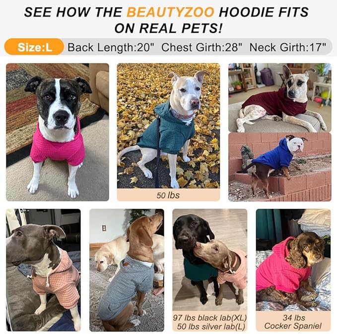 BEAUTYZOO Small Dog Hoodie Sweater with Pockets, Dog Clothes for Small Medium Dogs Boy Girl, Waffle-Like Laminated Cotton Pet Coats with Hat and Leash Hole, Orange L