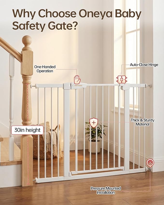 Baby Gate for Stairs, 29.92-48” Wide Pressure Mounted Baby Gate No Drill Needed, Auto Close Dog Gate for Doorways, Easy Walk Through Safety Child Gates for Toddler & Pet/Puppy, Indoor, White