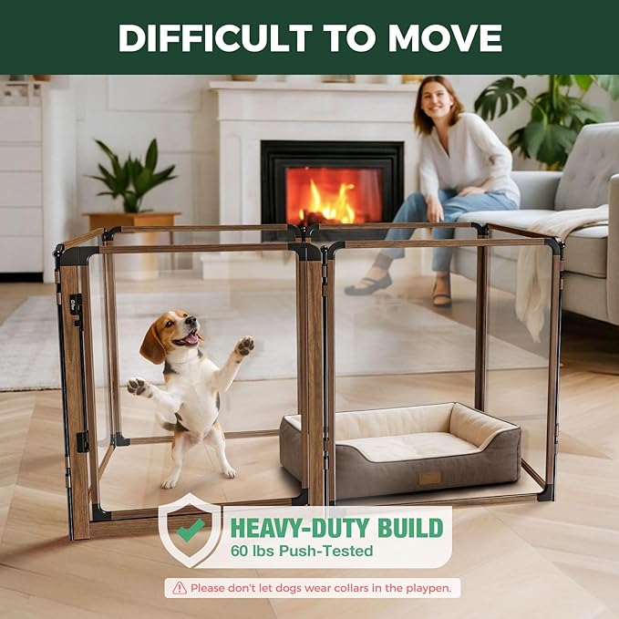 FXW AuraSpace Pro Metal & Acrylic Indoor Dog Playpen, All-Acrylic Clear Heavy-Duty Design, 32" Height 6 Panels for Small and Medium Dogs, Walnut│Patented