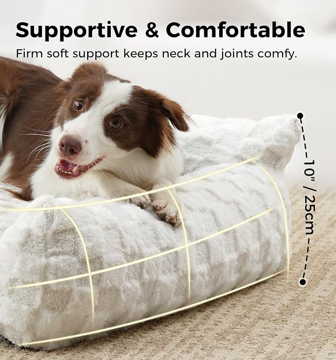 Made4Pets Dog Couch Bed, Soft Faux Fur Checkered Indoor Pet Sofa, Comfortable Fluffy Dog Sofa with Supportive Foam, Removable Washable Cover with Non-Slip Base, White, Large