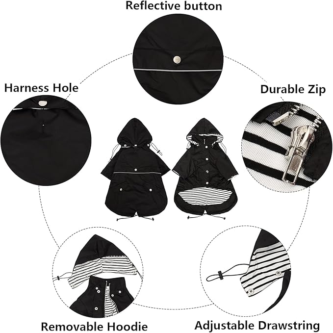 Morezi Dog Zip Up Raincoat with Reflective Buttons, Rain/Water Resistant, Adjustable Drawstring, Removable Hood, Raincoats with Legs 8lbs to 80lbs Available - Black - XL
