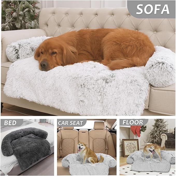 Calming Dogs/Cats Bed Mats, Dog Pad Washable Removable Couch Cover, Plush Long Fur Mat for Pets, Waterproof Lining, Perfect for Small, Medium and Large Dogs and Cats (Light Gray, 41"x37")