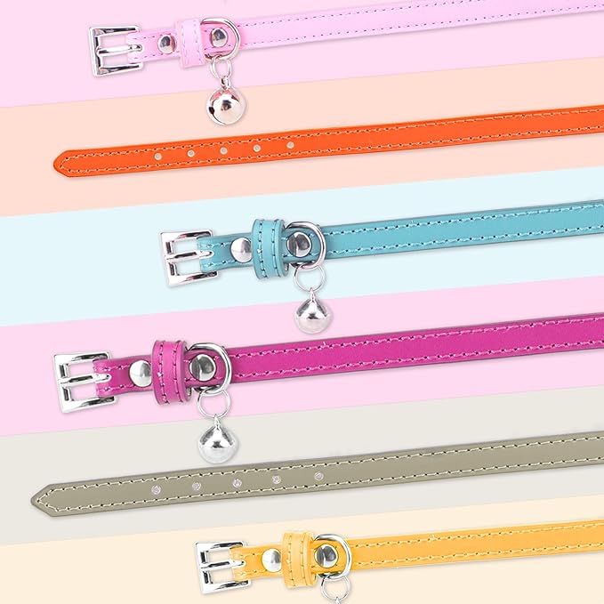 PUPTECK 2 PCS Soft Genuine Leather Cat Kitten Collar with Bells Adjustable for Girl Boy Cats Puppy - White, Deep Green