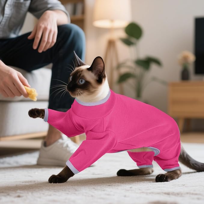 DENTRUN Cat Clothes for Hair Control with Hair Sticky Fabric - Soft Recovery Suit & Breathable Lint-Resistant Cat Sweater for Cats Only, Kitten Onesie Pajamas, XS, Bright Pink