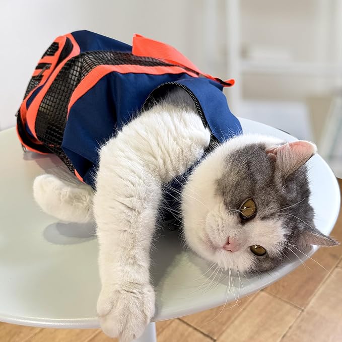 Cinf Cat Nail Clipping Cleaning Grooming Restraint Bag (Free Muzzle) Set No Scratching Biting for Bathing Nail Trimming Injecting Examining(Navy Blue,L)