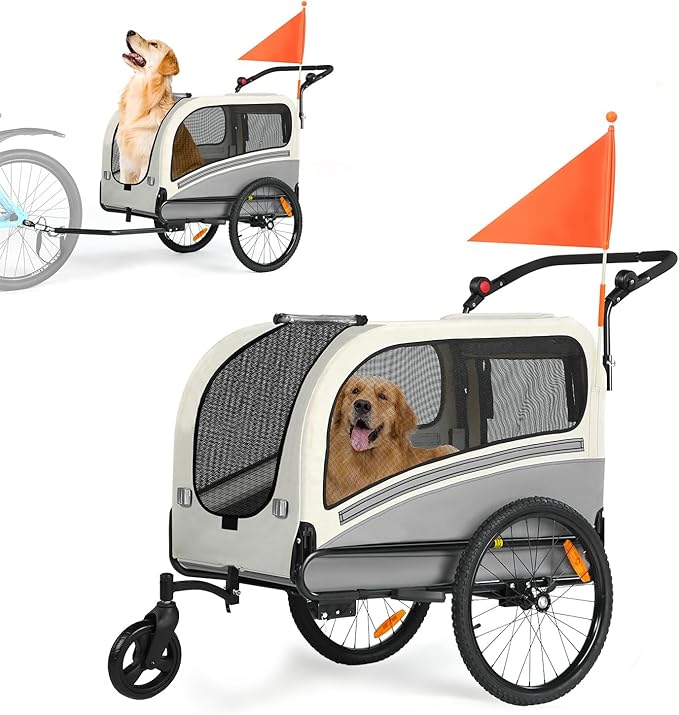 Sepnine Dog Bike Trailer, Supports up to 110 lbs, 2-in-1 Pet Stroller Cart Bicycle Carrier, Easy Folding Cart Frame with Quick Release Wheels, Universal Bicycle Coupler, Non-Slip Floor, Internal Leash