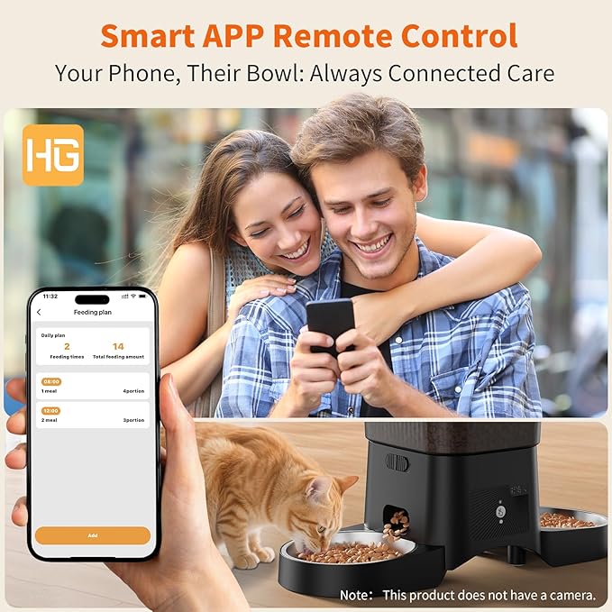 HoneyGuaridan Automatic Cat Feeder for 2 Cats,3.5L Dual Cat Food Dispenser, 2.4G/5G WiFi APP Control for Multiple Cats,2 Stainless Steel Bowls & 2 Slow Feeder Anti-Choking Bowls, Dual Power