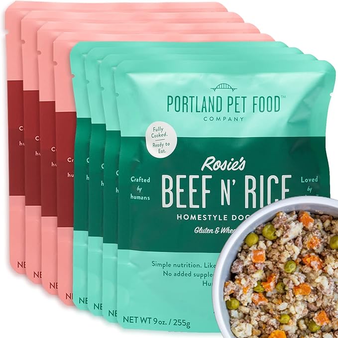 Portland Pet Food Company Fresh Dog Food Pouches - Human-Grade Toppers Wet Pet Meal & Mixers - Small & Large Breed Puppy & Senior Dogs - Gluten-Free, Limited Ingredient Salmon & Beef - 8 Pack Variety