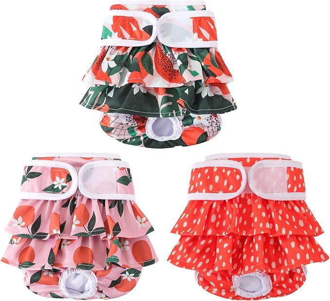 Reusable Dog Diapers Female 3 Pack Washable Premium Highly Absorbent Doggie Diapers, Flexible Puppy Diapers, Durable Leak-Proof Fruit Dog Diapers for Period Heat Incontinence Puppy Training, L