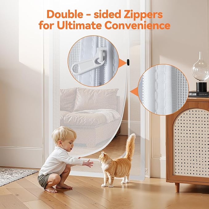 BFNN Cat Screen Door, Extra Tall Cat-Proof Mesh Gate, Fit Door Size 30'' x 80.5'', Anti Scratch Mesh with Zipper Closure, for Living Room, Kitchen, Bedroom (White)