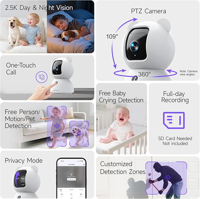 2.5K Indoor Camera 4pack, Non-Subscription AI Person/Pet/Cry Detection, 4MP Pet/Dog/Cat/Baby Camera w/Phone App, Pan Tilt WiFi Cameras for Home Security, Night Vision, Full Duplex Audio